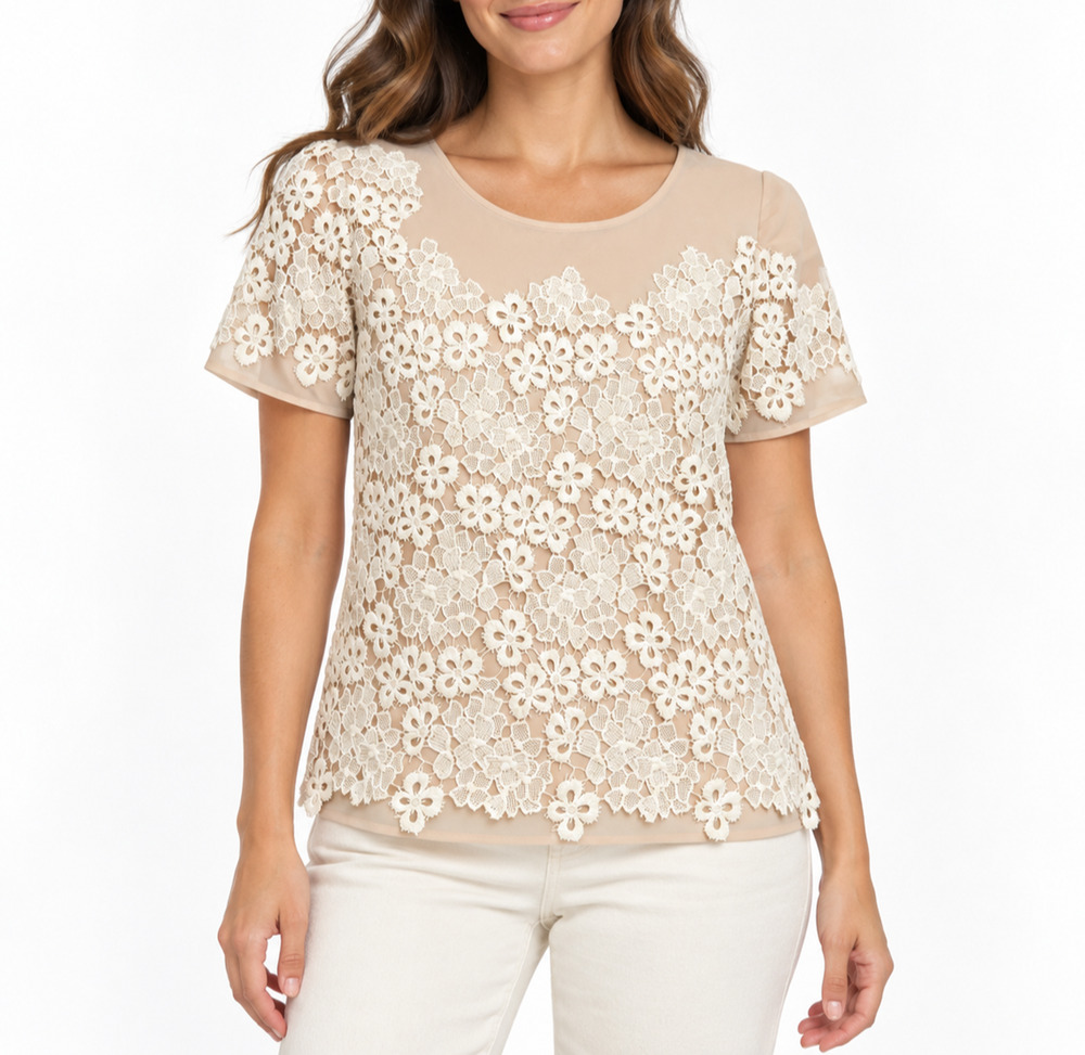 Sundance Ivory Floral Lace Overlay Short Sleeve Top Womens Small Boho